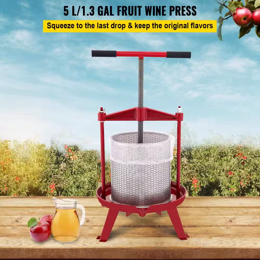 VEVOR Fruit Wine Press 1.3 Gal. Cast Iron Manual Grape Presser with Stainless Steel Hollow Basket T-Handle 0.1 in. Thick Plate