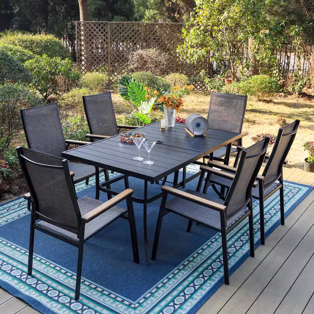 None Black 7-Piece Metal Outdoor Patio Dining Set with Rectangle Table and Stackable Aluminum Chairs