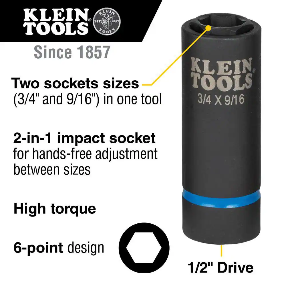 Klein Tools 1/2 in. Drive 2-in-1 Impact Socket 6-Point 3/4 in. and 9/16 in.