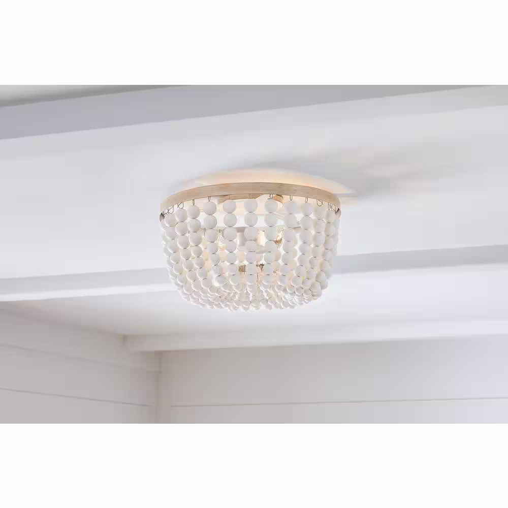 Hampton Bay Cayman 13 in. 2-Light White and Faux Wood Beaded Flush Mount Ceiling Light Fixture with White Beaded Shade
