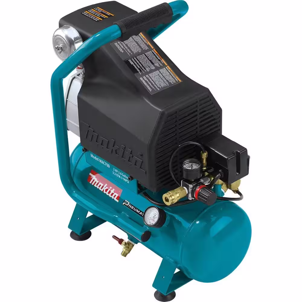 Makita 2.6 Gal. 2 HP Portable Electrical Hot Dog Air Compressor with Bonus Pneumatic 15-Gauge, 2.5 in. Angled Finish Nailer