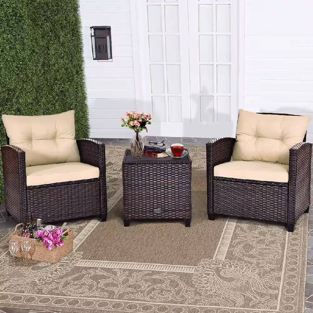 Costway 3-Piece Rattan Wicker Patio Conversation Set Sofa Coffee Table with Yellowish Cushions