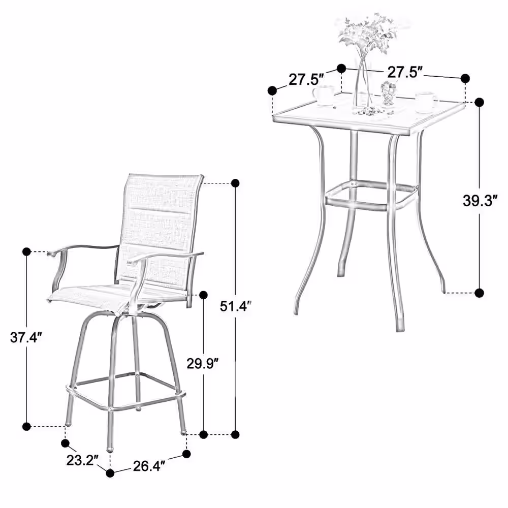 None Black 3-Piece Metal Square Outdoor Patio Bar Set with Wood-Look Bar Table and Padded Swivel Bistro Chairs