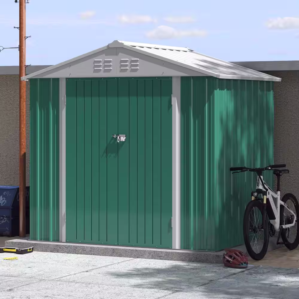 None 8 ft. W x 6 ft. D Outdoor Storage Metal Shed Utility Patio Shed for Garden and Backyard 48 sq. ft. in Green