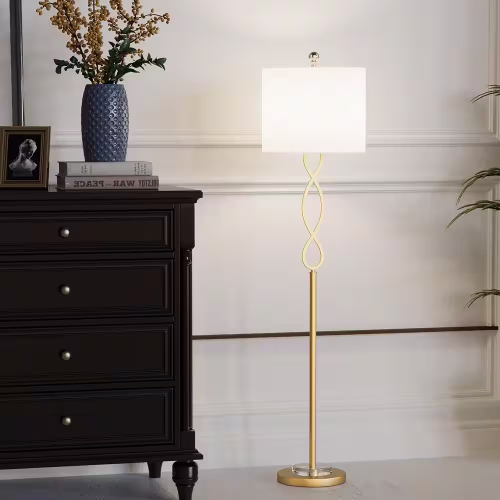 Maxax Montgomery 59 in. Gold Metal Crystal Floor Lamp with White Linen Shade