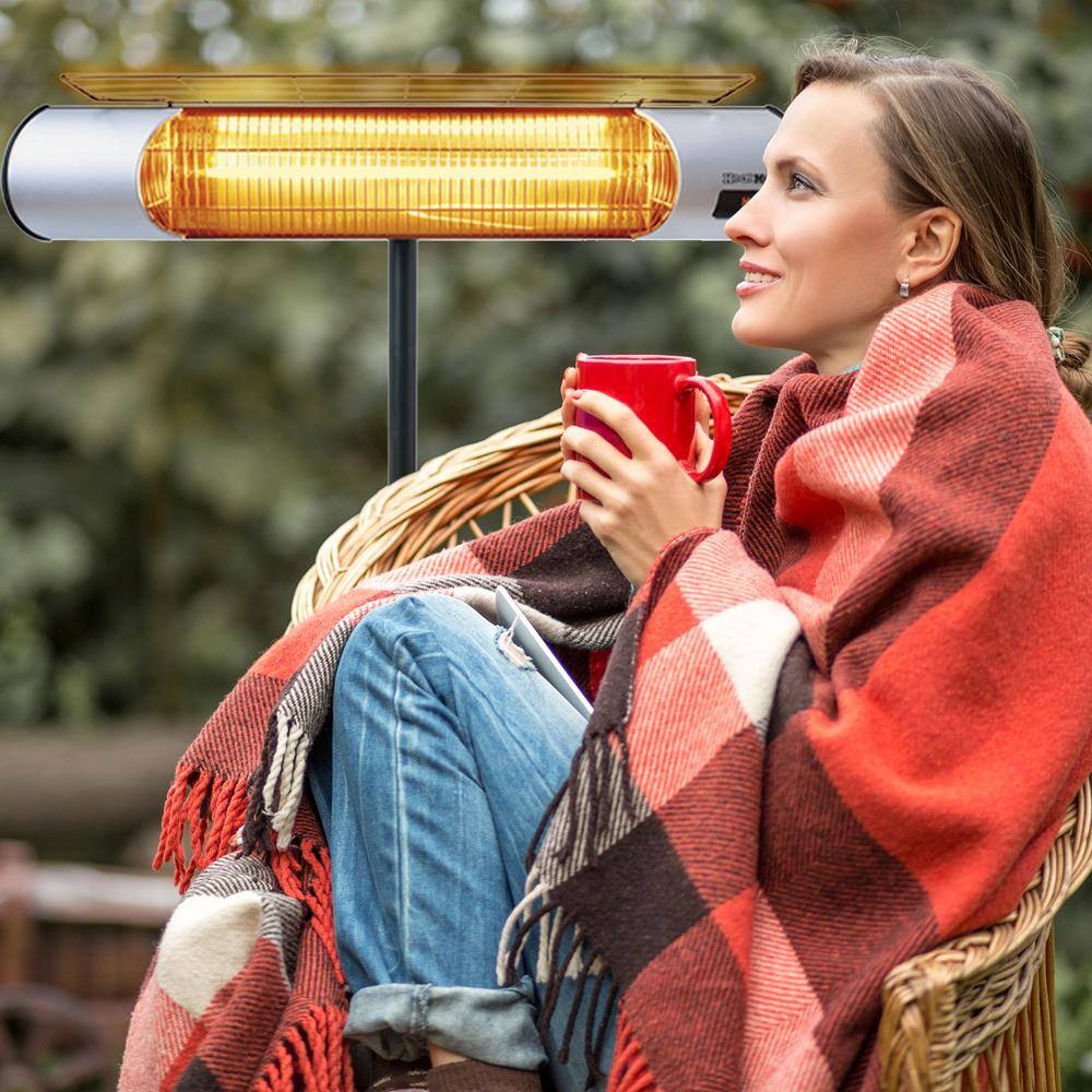 None HeatMate 1000-Watt Metal Weatherproof Graphite Patio Heater with Stand & Remote in Silver
