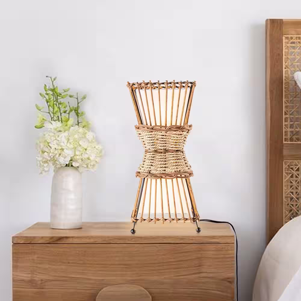 C Cattleya 13.5in. 2-Light Natural Plug-in Bamboo and Rattan Table Lamp for Bedroom Living Room with White Fabric Shade