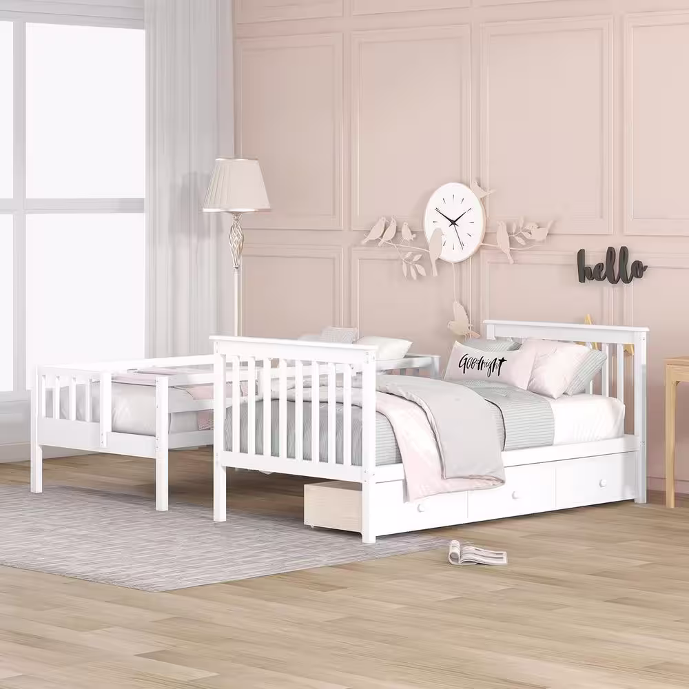 None Stairway White Twin Over Twin Wood Bunk Bed with 3 Drawers and 4 Storage Staircase, Can be Separated into 2 Beds