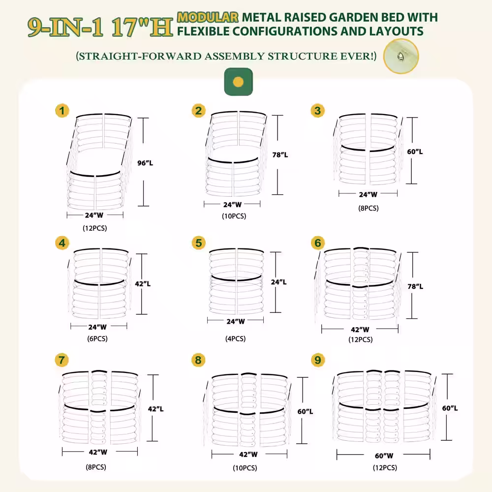VEIKOUS 17 in. H x 8 ft. W x 2 ft. L 9-in-1 Modular Metal Raised Garden Bed Kit, Pearl White