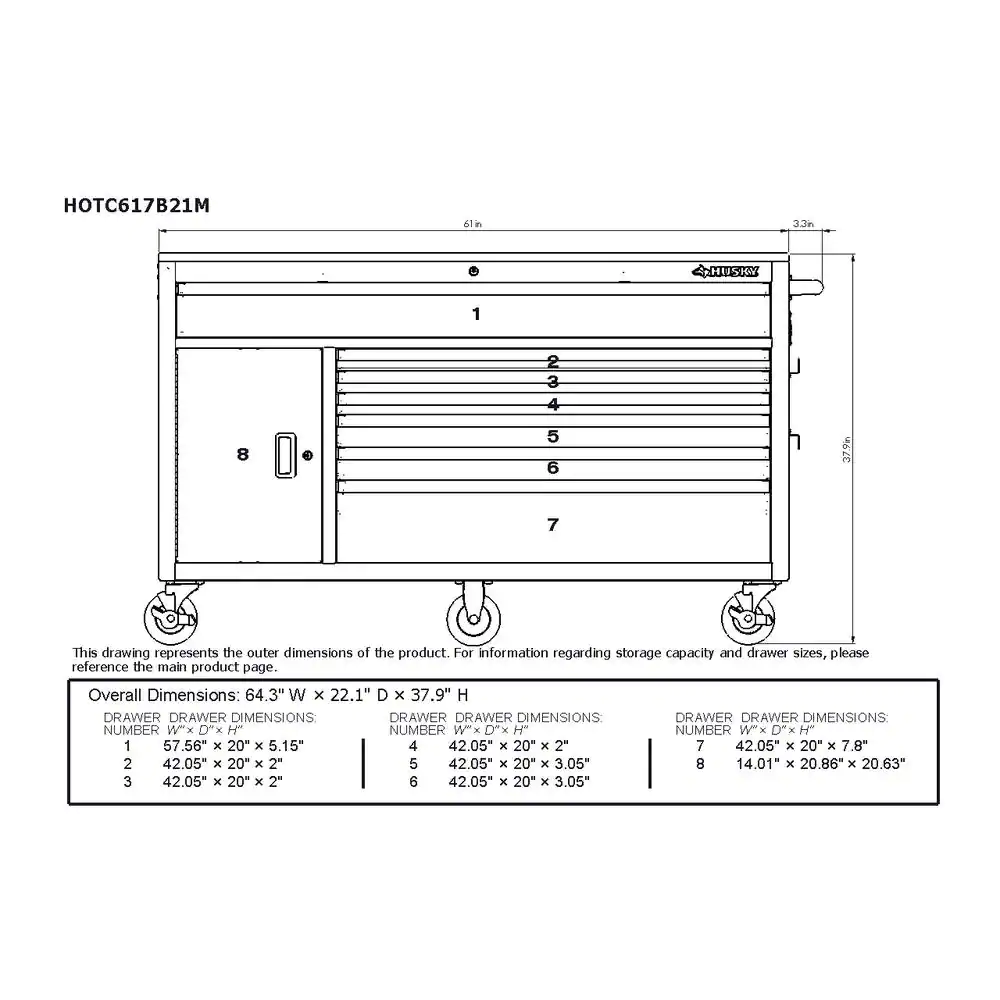 Husky 61 in. W x 22.1 in D Standard Duty 7-Drawer 1-Door Mobile Workbench Tool Chest with Solid Wood Top in Gloss Red