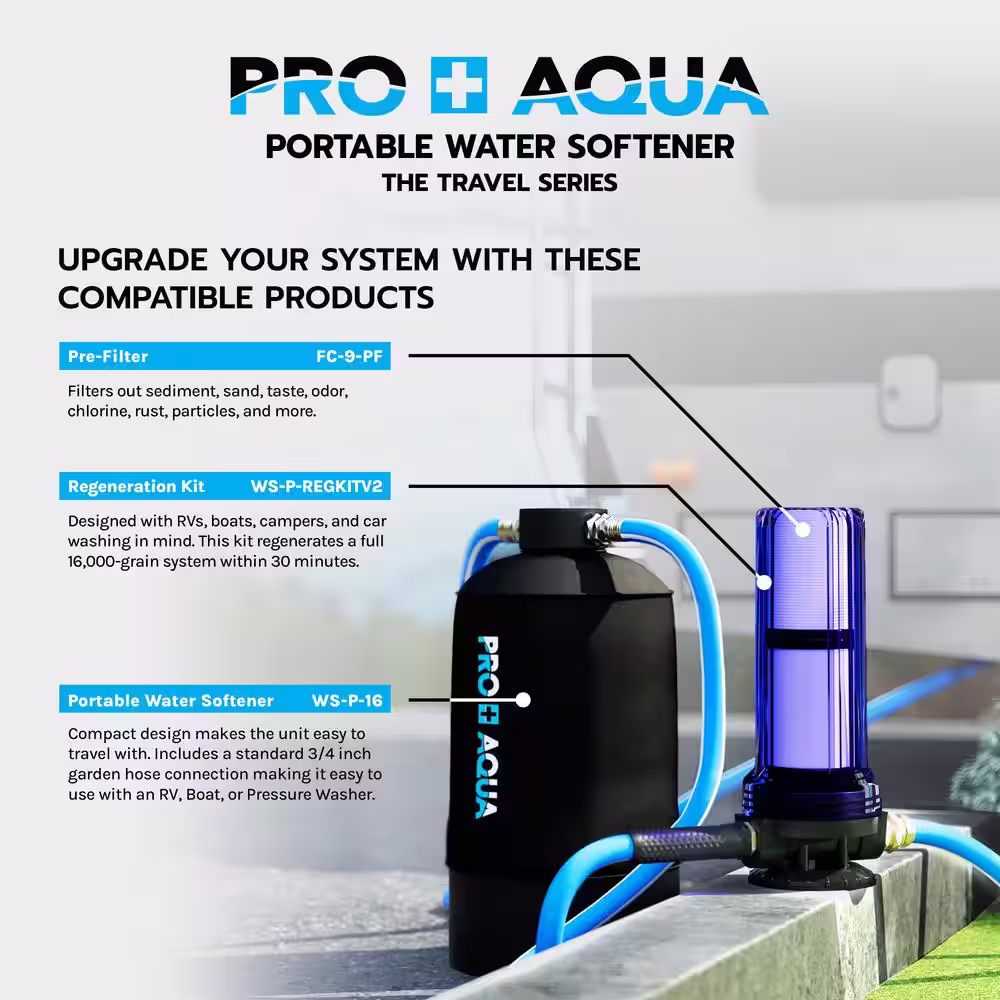 PRO+AQUA Portable Water Softener Pro 16,000 Grain Premium Grade RV, Trailers, Boats, Mobile Car Washing, Highflow 3/4in. GH Ports