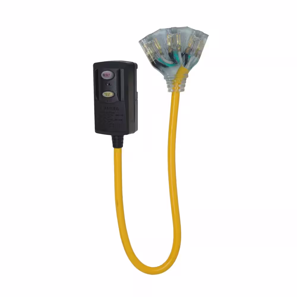Yellow Jacket 2 ft. 12/3 SJTW Right Angle GFCI Heavy-Duty Cord with Multi-Outlet (3) Power Light Block