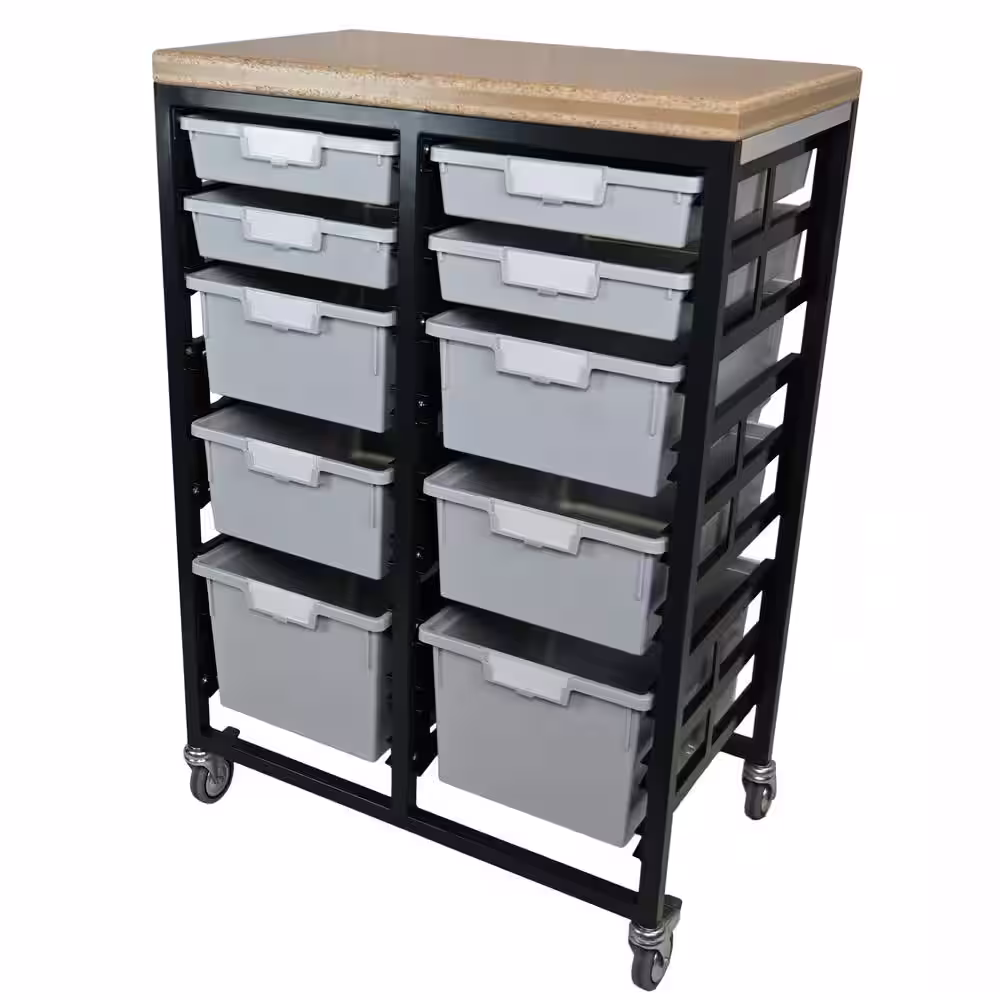 None Mobile Workbench Storage Station With Wood Top -10 StorSystem Trays-Gray