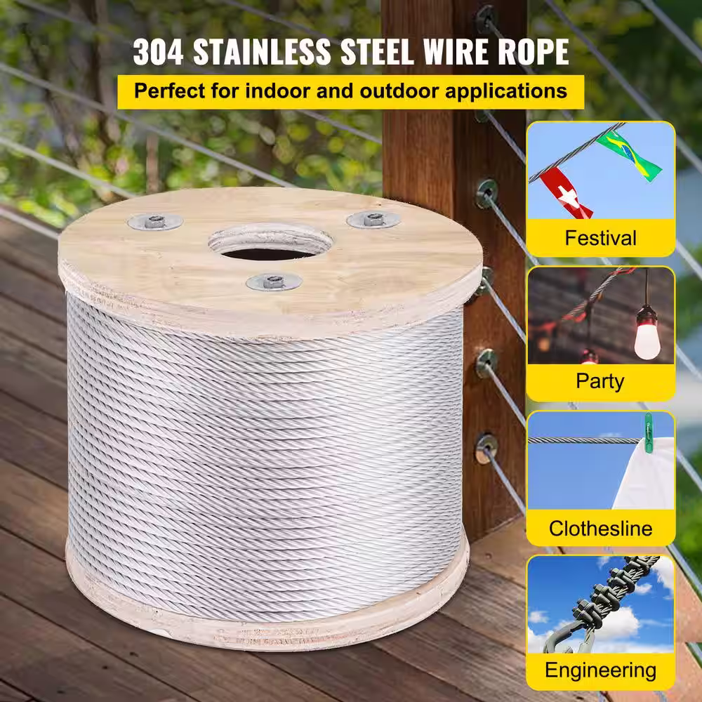 VEVOR 250 ft. x 3/16 in. Cable Railing Kit 3700 lbs. Load T304 Stainless Steel Wire Rope Winch with 7x19 Strand for Deck Stair