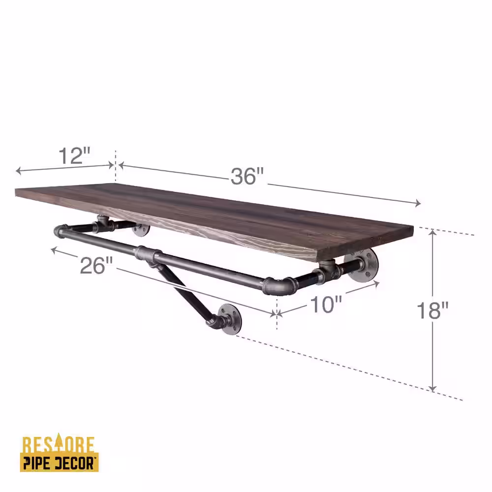 PIPE DECOR 36 in. x 12 in. 18 in. Trail Brown Solid Wood Decorative Industrial Wall Shelf With Hanging Rod