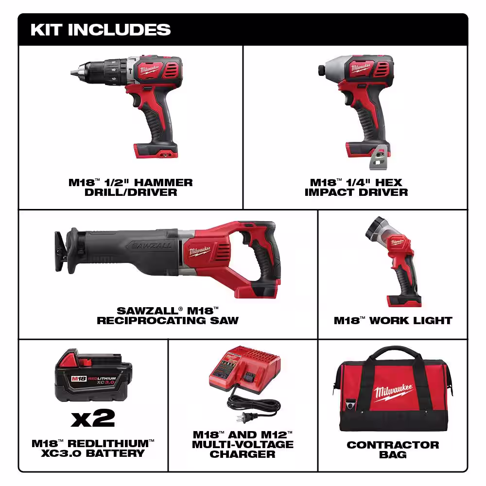 Milwaukee M18 18V Lithium-Ion Cordless Combo Tool Kit with Two 3.0Ah Batteries, 1-Charger, 1-Tool Bag (4-Tool)