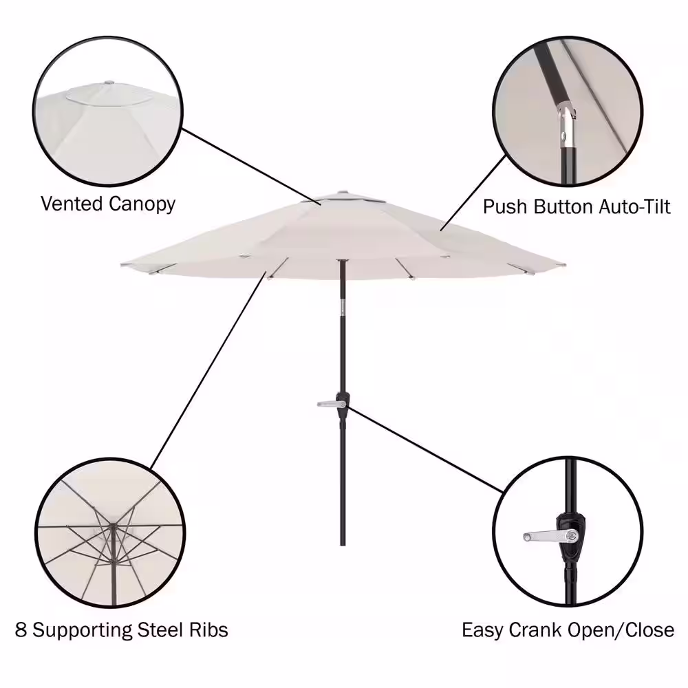 Alaterre Furniture 8 -Piece Set, Okemo Wood Outdoor Dining Table Set with 6 Cushioned Chairs, 10 ft. Auto Tilt Umbrella Tan