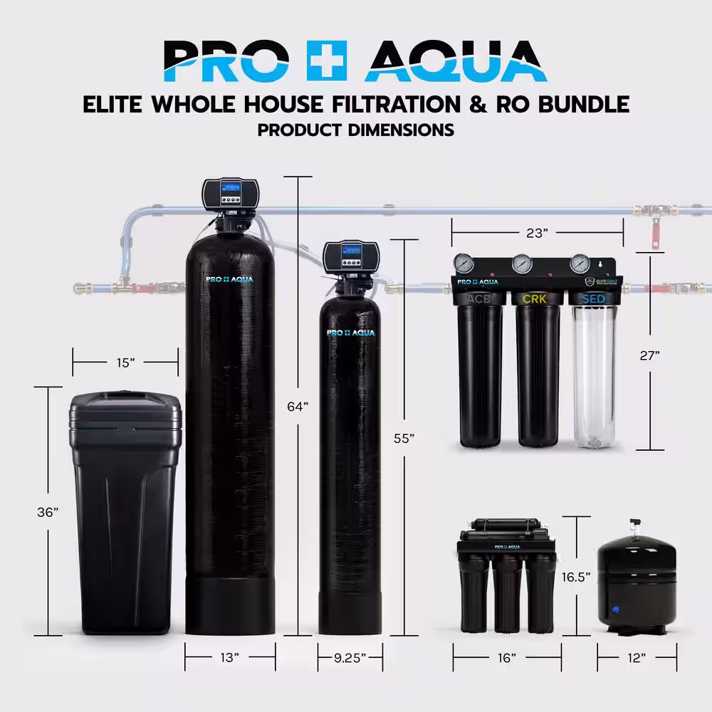 PRO+AQUA Elite Well Water Filter Softener Bundle Plus Reverse Osmosis Drinking System for Iron, Odor, Color, Hardness