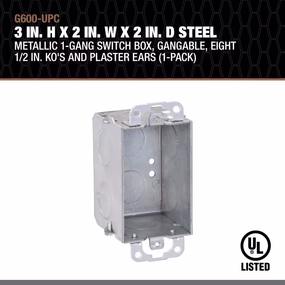 Southwire 3 in. H x 2 in. W x 2 in. D Steel Metallic 1-Gang Switch Box, Gangable, Eight 1/2 in. KO's and Plaster Ears (1-Pack)