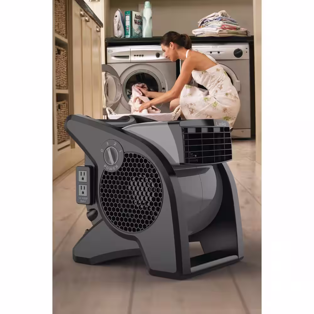 Lasko 11.2 in. 3 Speeds Blower Fan in Gray with Carry Handle, Circuit Breaker, Power Outlets, High Velocity Utility Pivoting
