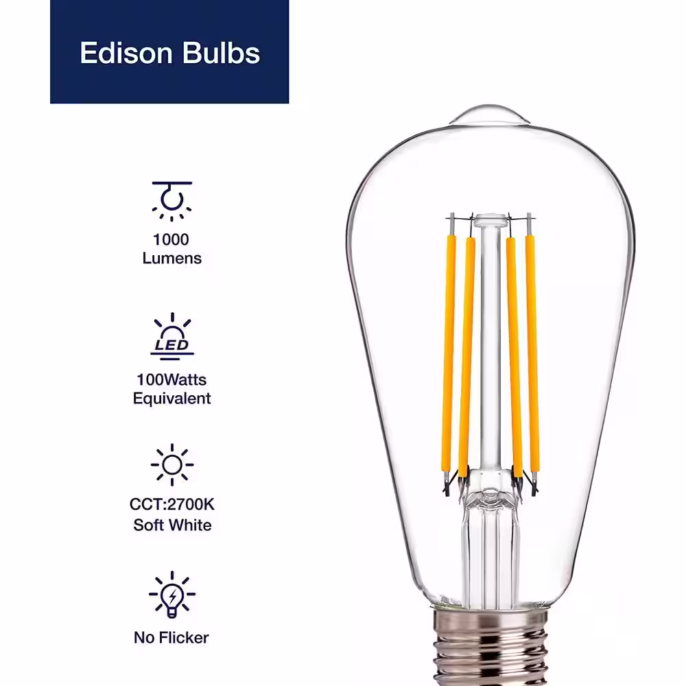 None 100-Watt Equivalent ST19 Dimmable LED Straight Filament bulb, Vintage Edison Bulbs E26 Base, 2700K Soft White (12-Pack)