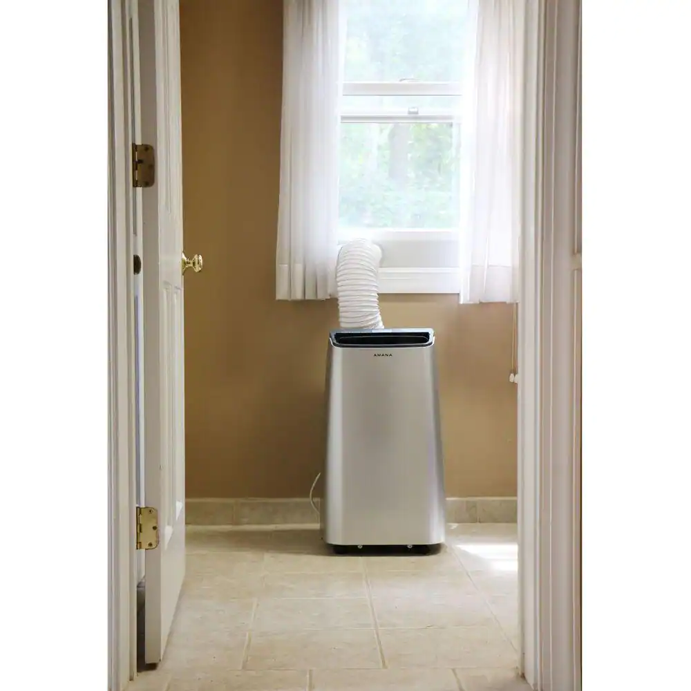 Amana 12000 BTU (7,500 BTU DOE) Portable AC with Remote 450 sq. ft. Timer 3-Speed LCD Display Auto-Restart Wheels Silver, Gray