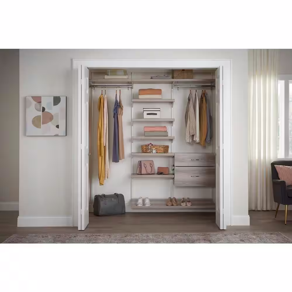 Everbilt Genevieve 6 ft. Gray Adjustable Closet Organizer Double Long Hanging Rod with Shoe Rack, 6 Shelves, and 2 Drawers