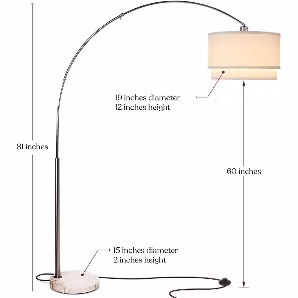 Brightech Mason 81 in. Satin Nickel LED Arc Floor Lamp with Drum Shade