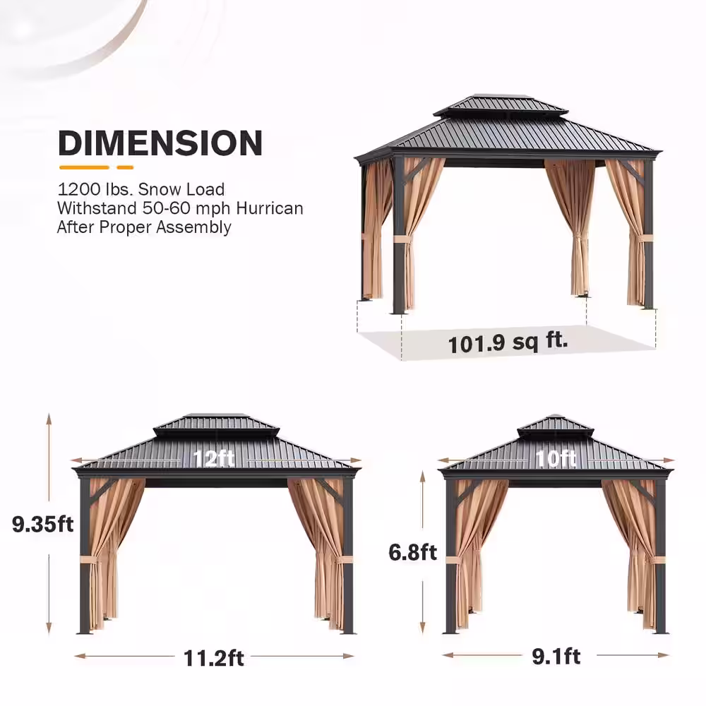 Tozey 10 ft. x 12 ft. Aluminum Outdoor Black Gazebo with Galvanized Steel Roof, Mosquito Nets and Curtains