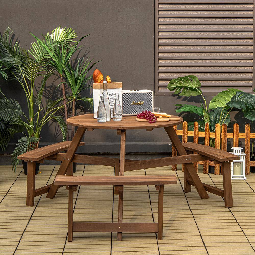 ANGELES HOME Round Wood Frame Outdoor Bench Set Picnic Table with Umbrella Hole
