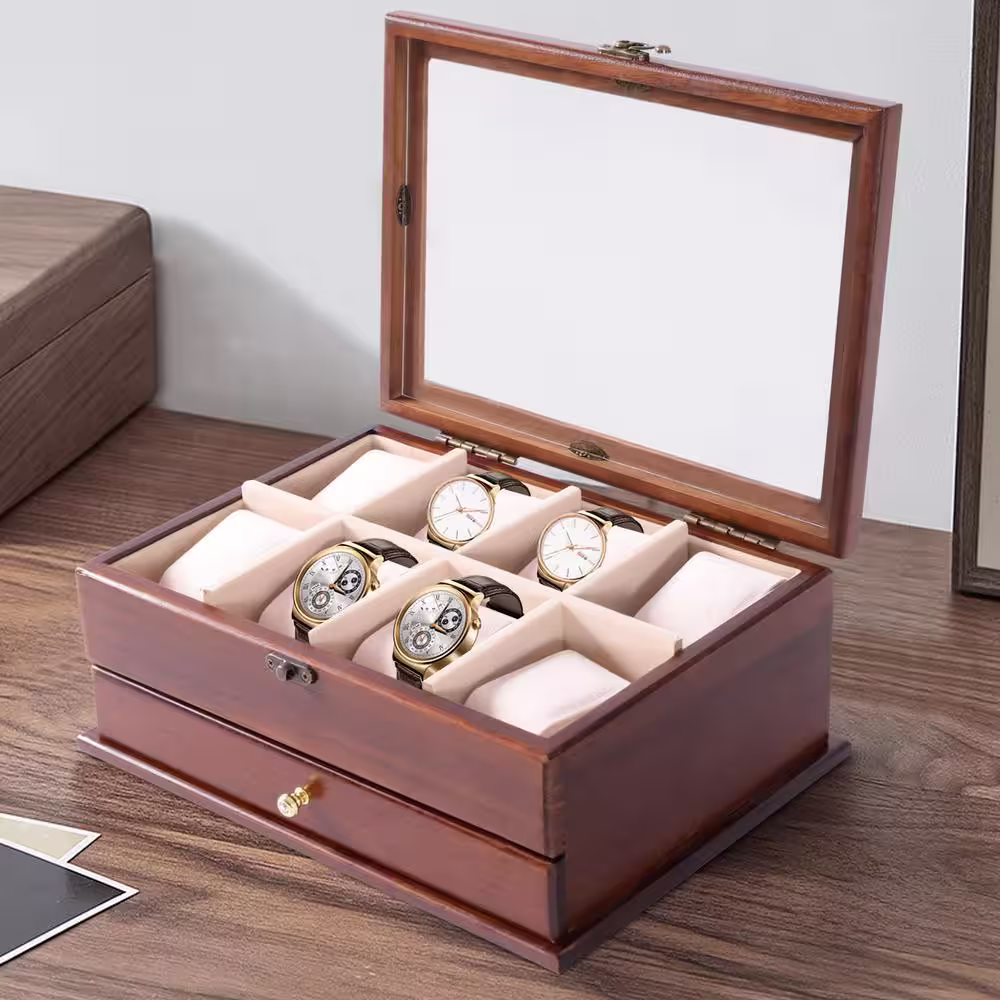 None 8-Slot Vintage Brown Solid Wood Watch Box Glass Top Jewelry Organizer Box Watch Case with Pillows
