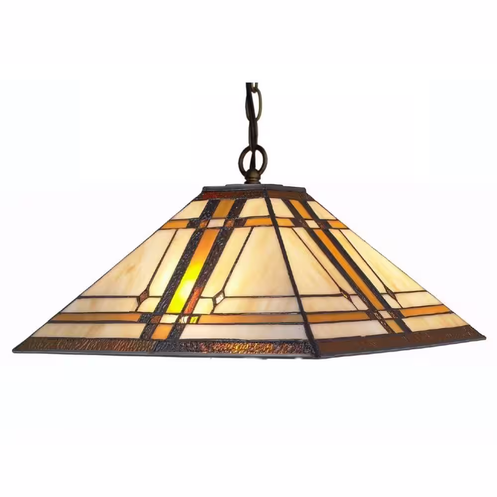 None Tiffany Style 14 in. 2-Light Beige Mission Pendant Lamp - Stained Glass