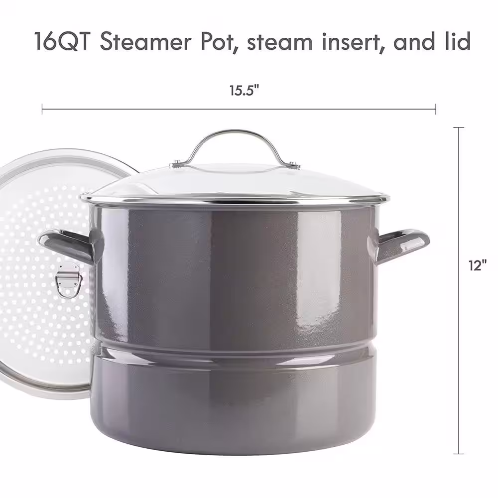 KENMORE 16 qt. Enamel On Steel Stock Pot With Steamer and Lid in Graphite Grey