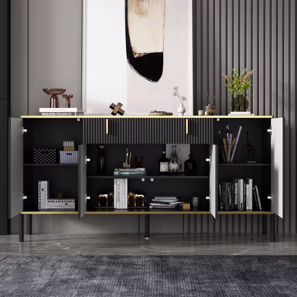 None Black Wavy Paint Finish Floor-Standing Sideboard Cupboard with 4-Doors 2-Drawers Adjustable Shelves