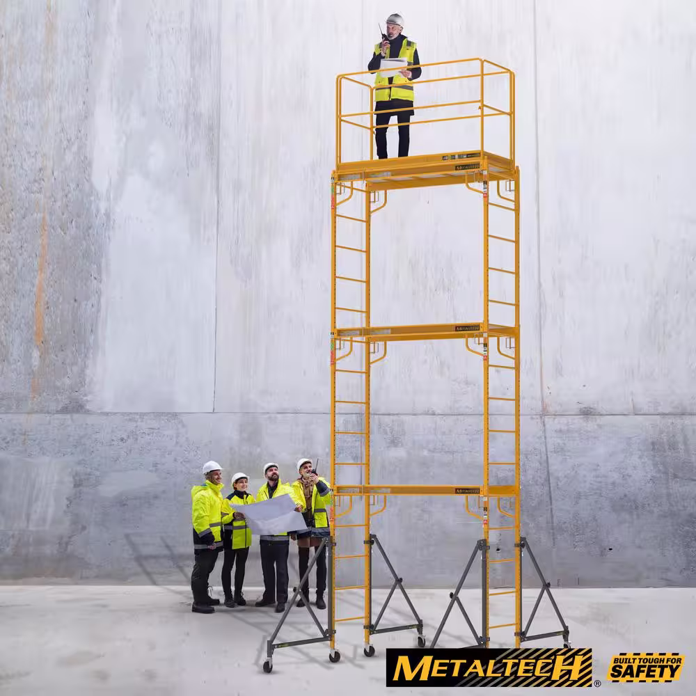 MetalTech Rolling Scaffolding Tower, 3-Story Baker Scaffolding with Outriggers, Guard Rail, Scaffolding Platform, 730 lbs Capacity