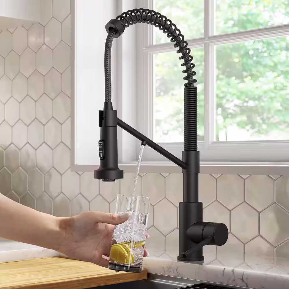 KRAUS Bolden Pull-Down Single Handle Filter Kitchen Faucet in Matte Black with Purita 2-Stage Under-Sink Filtration System