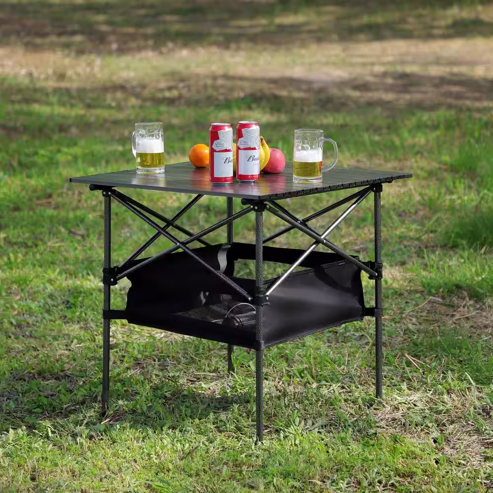 None 27.56 x 27.56 x 27.56 in. Black Square Outdoor Aluminum Folding Table for Camping, Picnic, Patio, Barbecue, Party