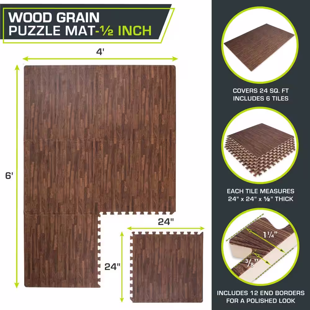 None Wood Grain Puzzle Mat Dark Oak 24 in. x 24 in. x 0.5 in. EVA Foam Interlocking Floor Tiles (24 sq. ft.) (6-Pack)