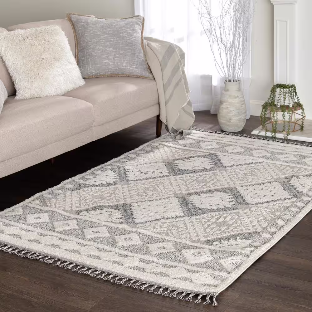 None Bazaar Ramsi White/Grey 5 ft. x 7 ft. Global Polypropylene and Polyester Area Rug