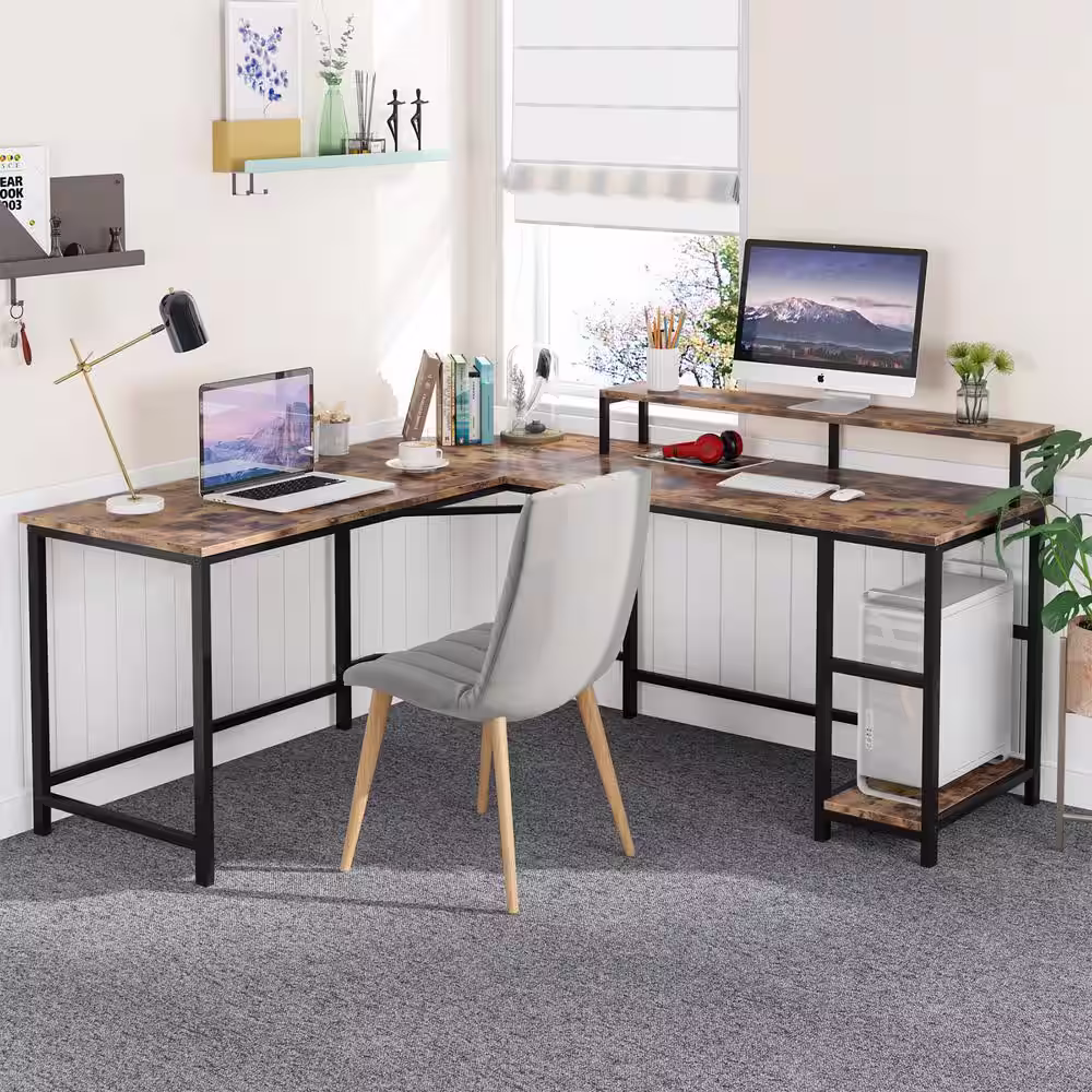 Tribesigns Lantz 55 in. L-Shaped Desk Vintage Brown Wood, Corner Computer Desk with Hutch and Storage Shelves