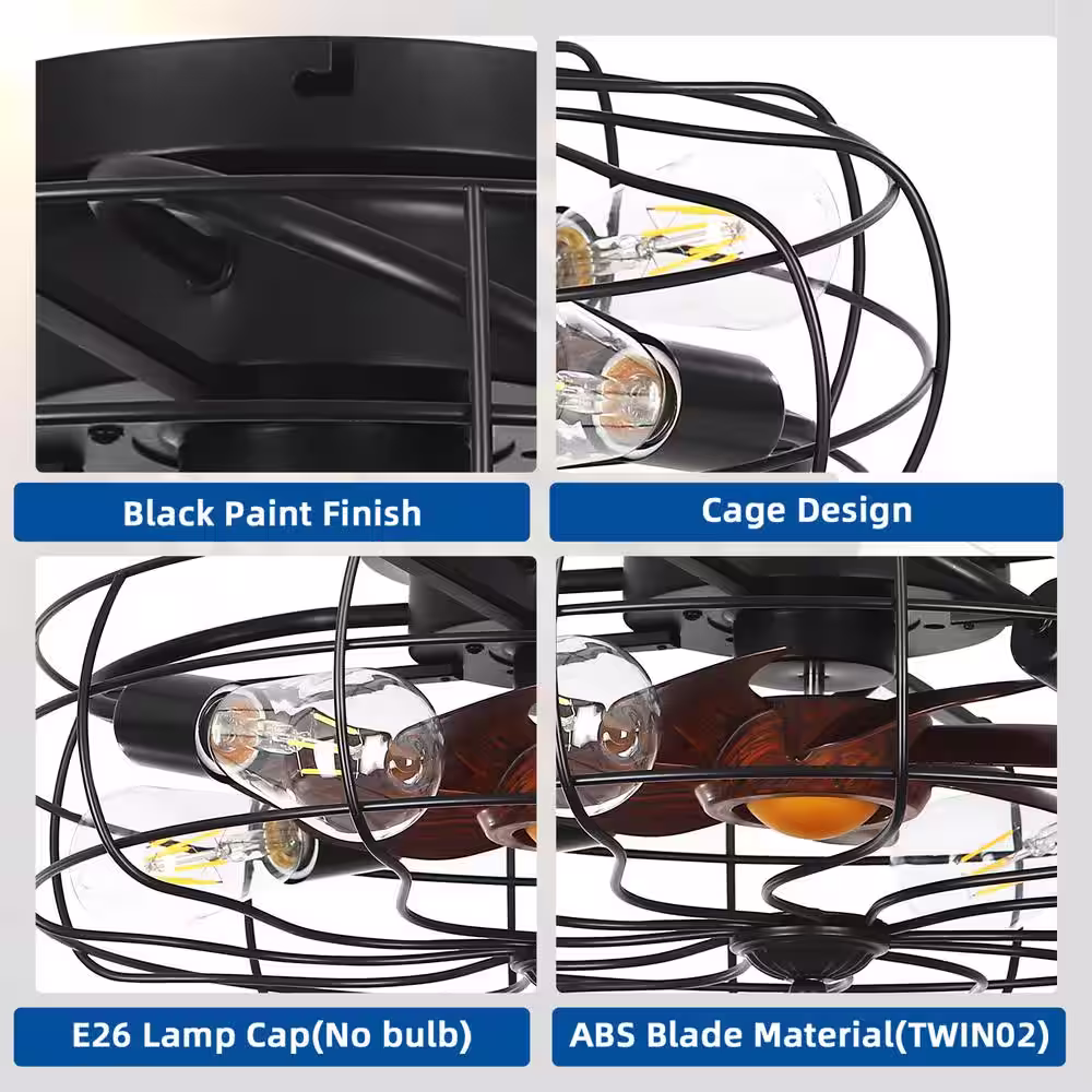 None 19 in. 4-Lights Indoor Black Wood Grain Industrial Metal Cage Enclosed Ceiling Fan and Light Kit, Remote