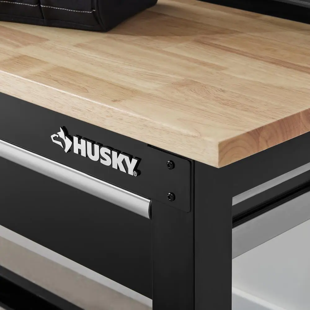Husky Ready-To-Assemble 8 ft. Solid Wood Top Workbench in Black with Pegboard and 3 Drawers