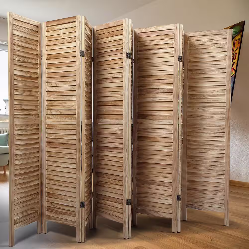 None 8-Panel Sycamore Wood Panel Screen Folding Louvered Room Divider, Light Burn