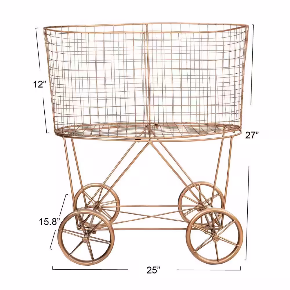 Storied Home Copper Metal Vintage Rolling Laundry Basket with Wheels