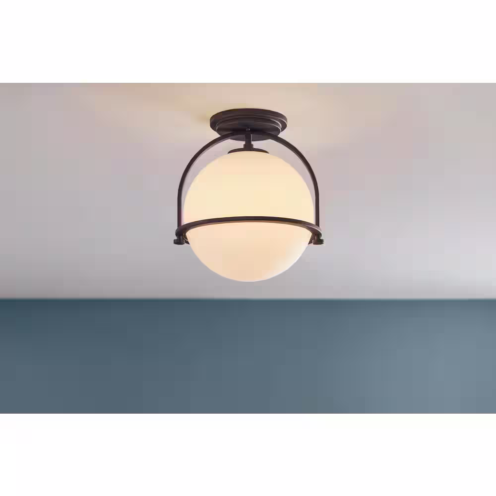 Home Decorators Collection Owens 11.25 in. 1-Light Matte Black Semi-Flush Mount Ceiling Light Fixture with White Glass Globe Shade