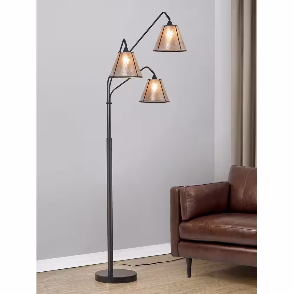 HomeGlam Midtown 84 in. 3-Light Dark Bronze Arch Floor Lamp with Mica Shades