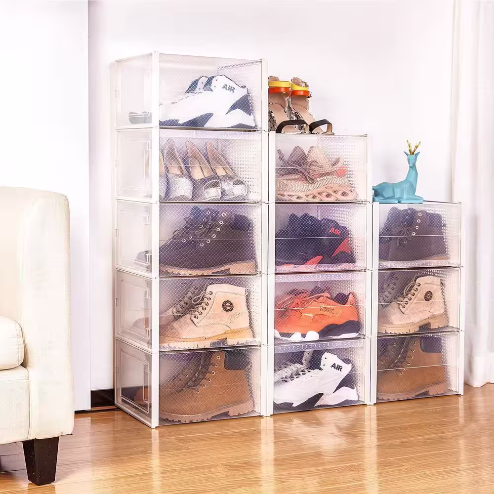 Unbranded 6-Pair White Foldable Stackable Storage X-Large Plastic Shoe Boxes