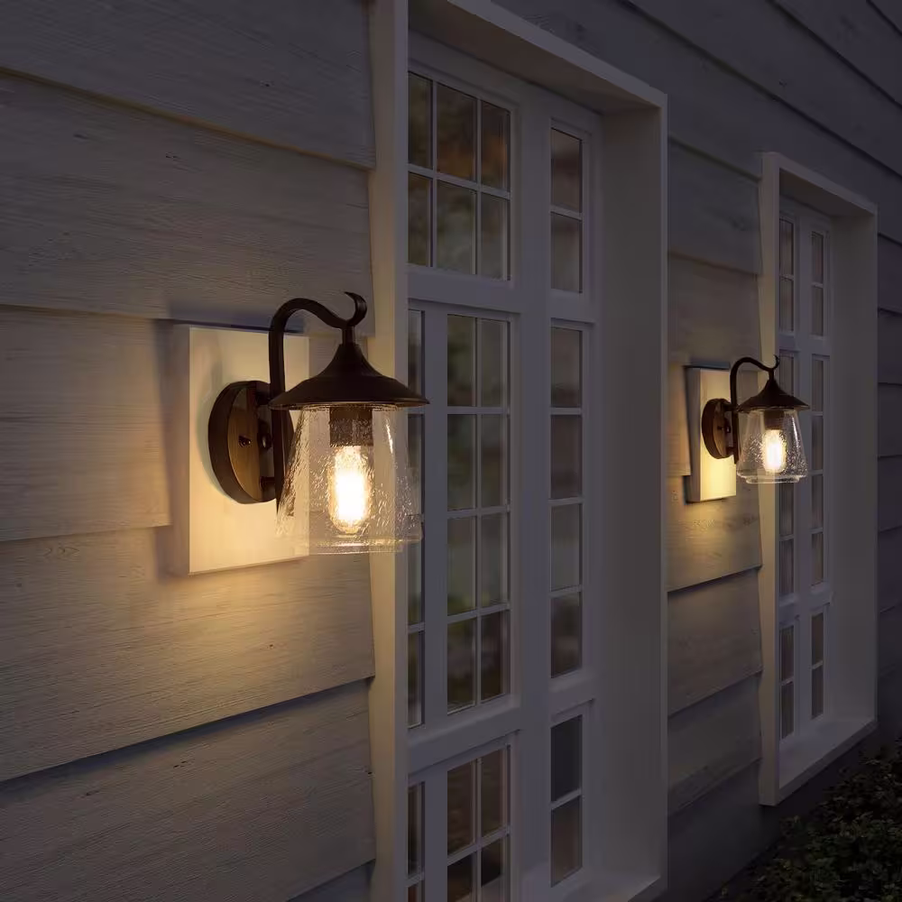 LNC Modern Frosted Black Porch Outdoor Wall Sconce 1-Light Classic Exterior Lantern with Mushroom Clear Seeded Glass Shade