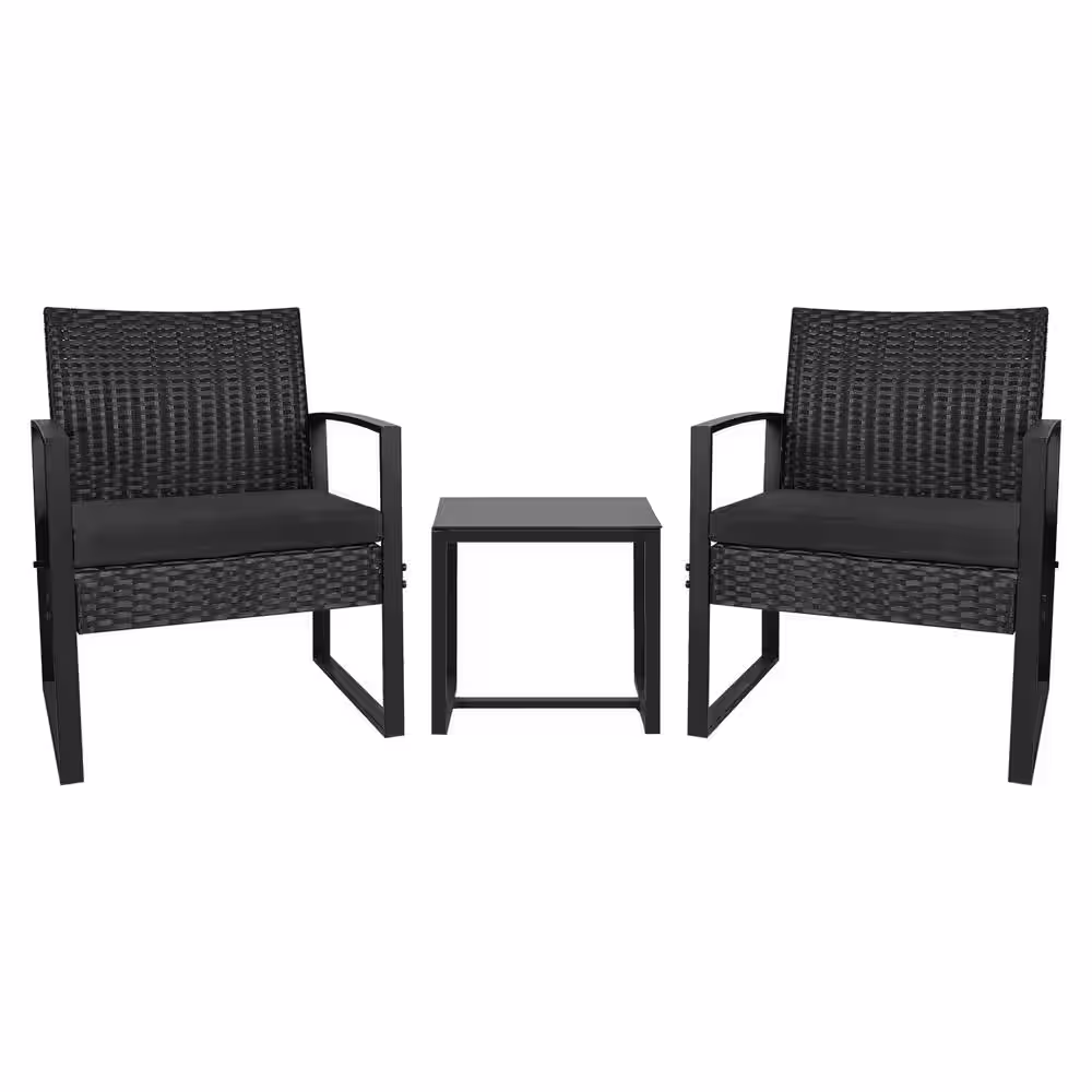 Tozey Black 3-Piece Patio Sets Steel Outdoor Wicker Patio Furniture Sets Outdoor Bistro Set with Black Cushion