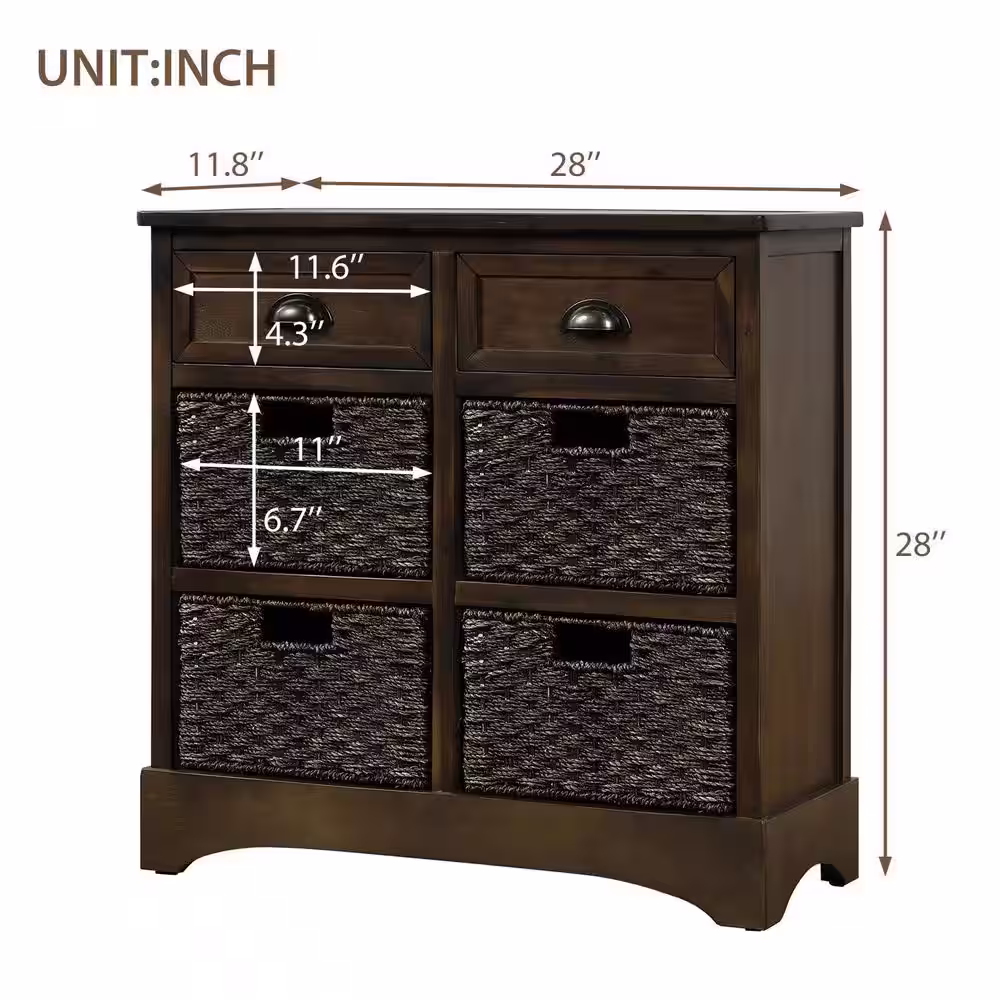 Harper & Bright Designs Dark Brown Rustic Storage Cabinet with 2-Drawers and 4-Classic Fabric Basket